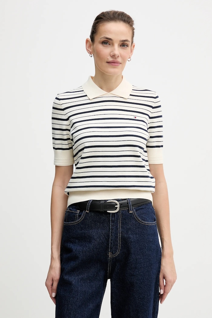 Sveter Tommy Hilfiger V výstrih béžová WW0WW47622