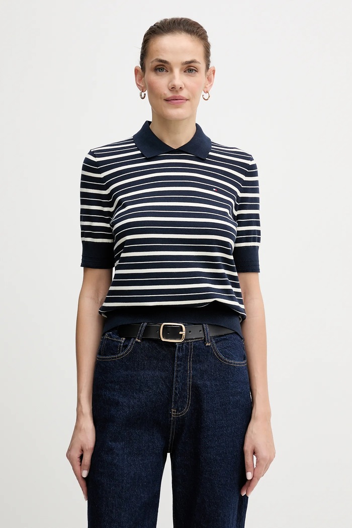 Sveter Tommy Hilfiger V výstrih tmavomodrá WW0WW47622