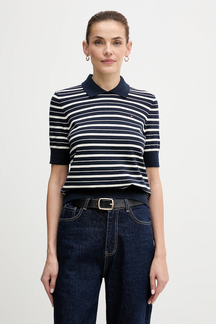Sveter Tommy Hilfiger V výstrih tmavomodrá WW0WW47622
