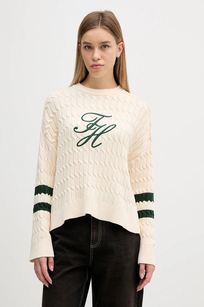 Βαμβακερό πουλόβερ Tommy Hilfiger απλικέ μπεζ WW0WW47633