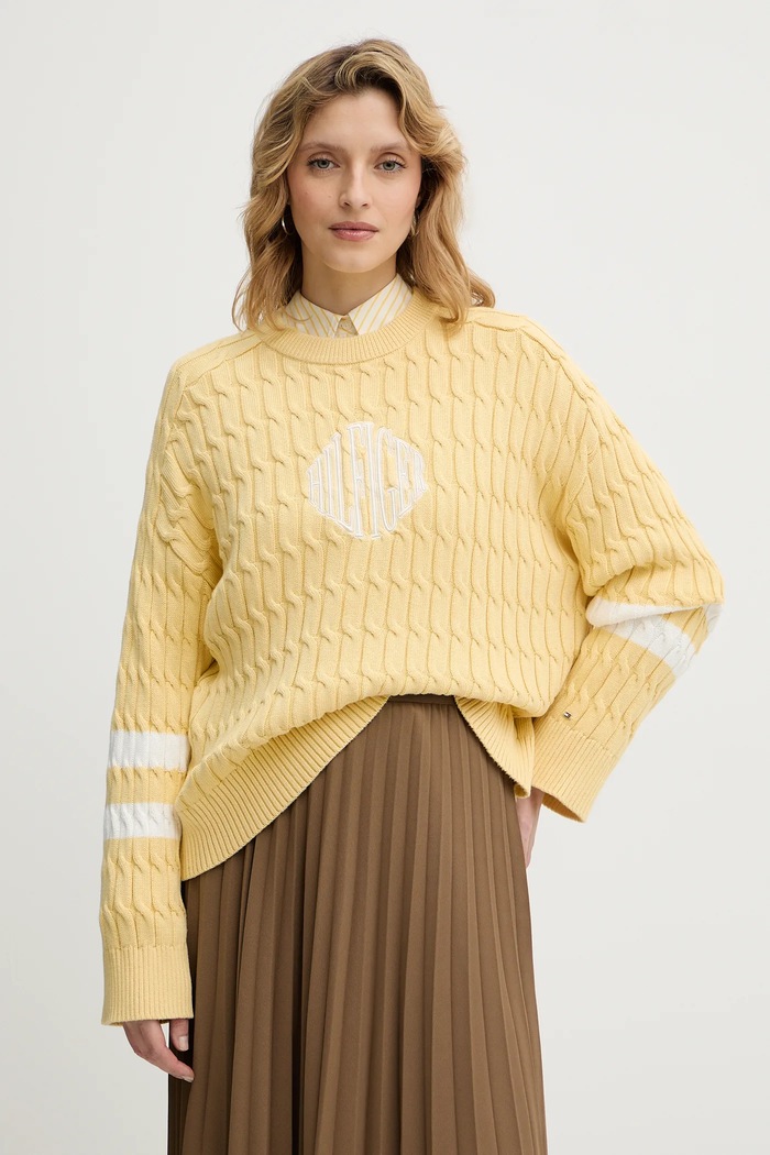Bavlněný svetr Tommy Hilfiger kulatý žlutá WW0WW47633