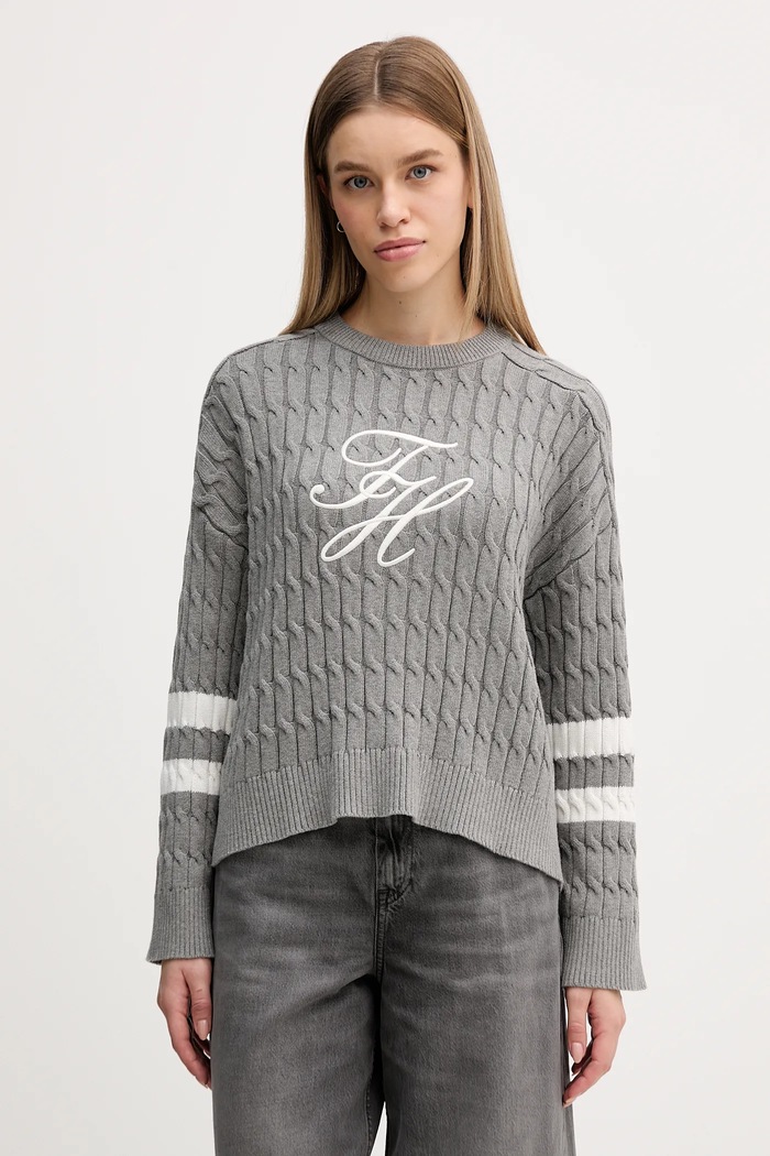Βαμβακερό πουλόβερ Tommy Hilfiger απλικέ γκρί WW0WW47633