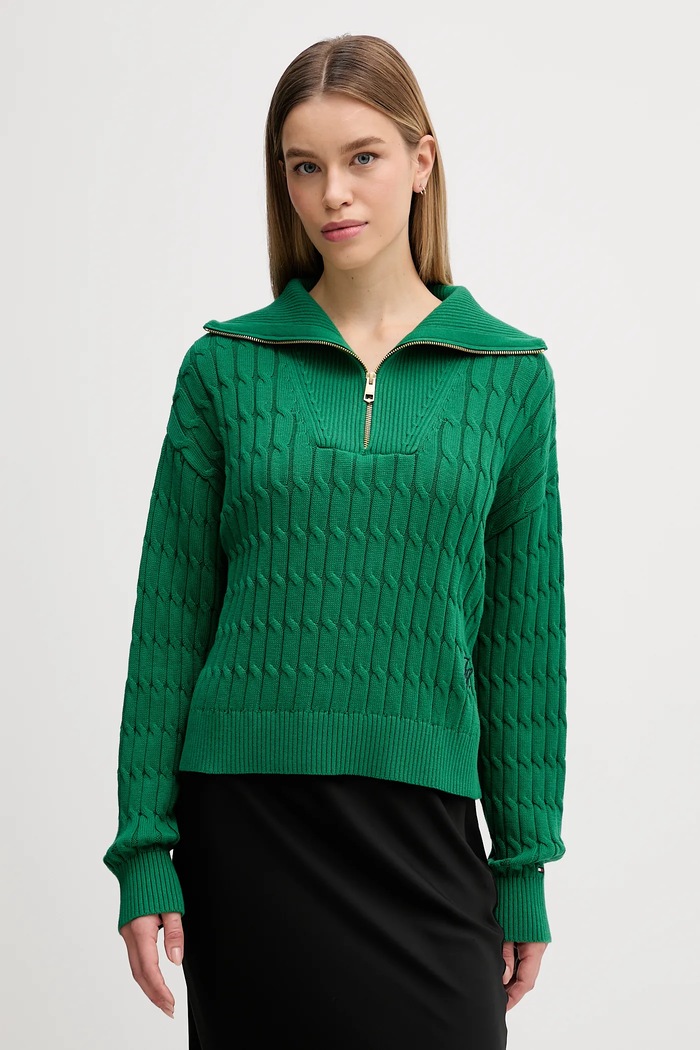 Bavlněný svetr Tommy Hilfiger rolák zelená WW0WW47643
