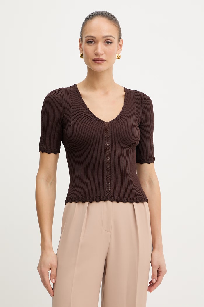 Twinset bluză cu volane pentru femei, cu vâscoză maro 261TT3123