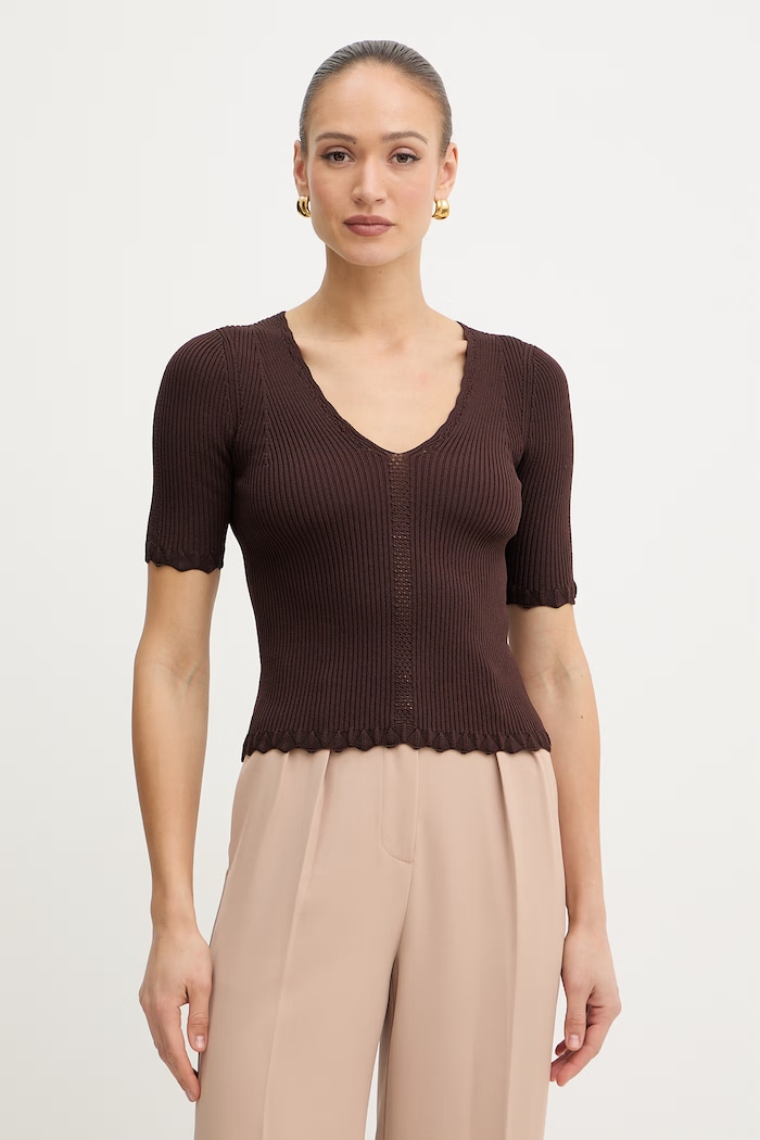 Twinset bluză cu volane pentru femei, cu vâscoză maro 261TT3123