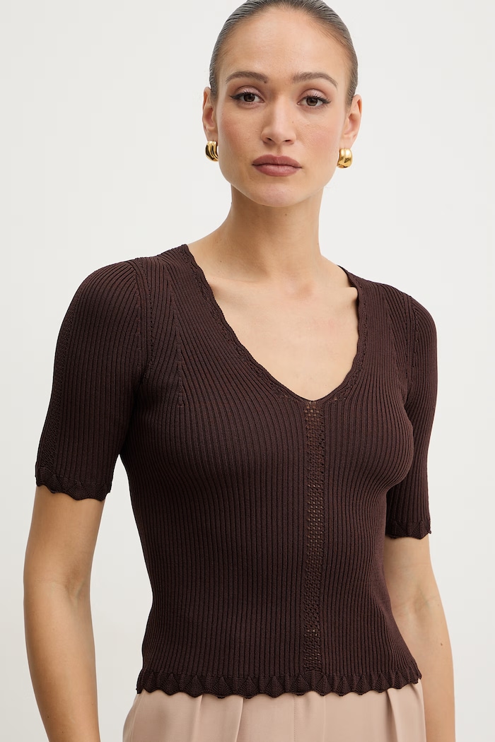 Twinset bluză cu volane pentru femei, cu vâscoză maro 261TT3123