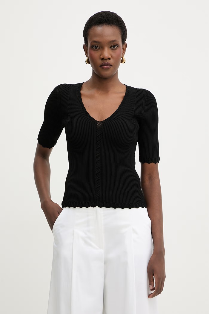 Twinset bluză cu volane pentru femei, cu vâscoză negru 261TT3123
