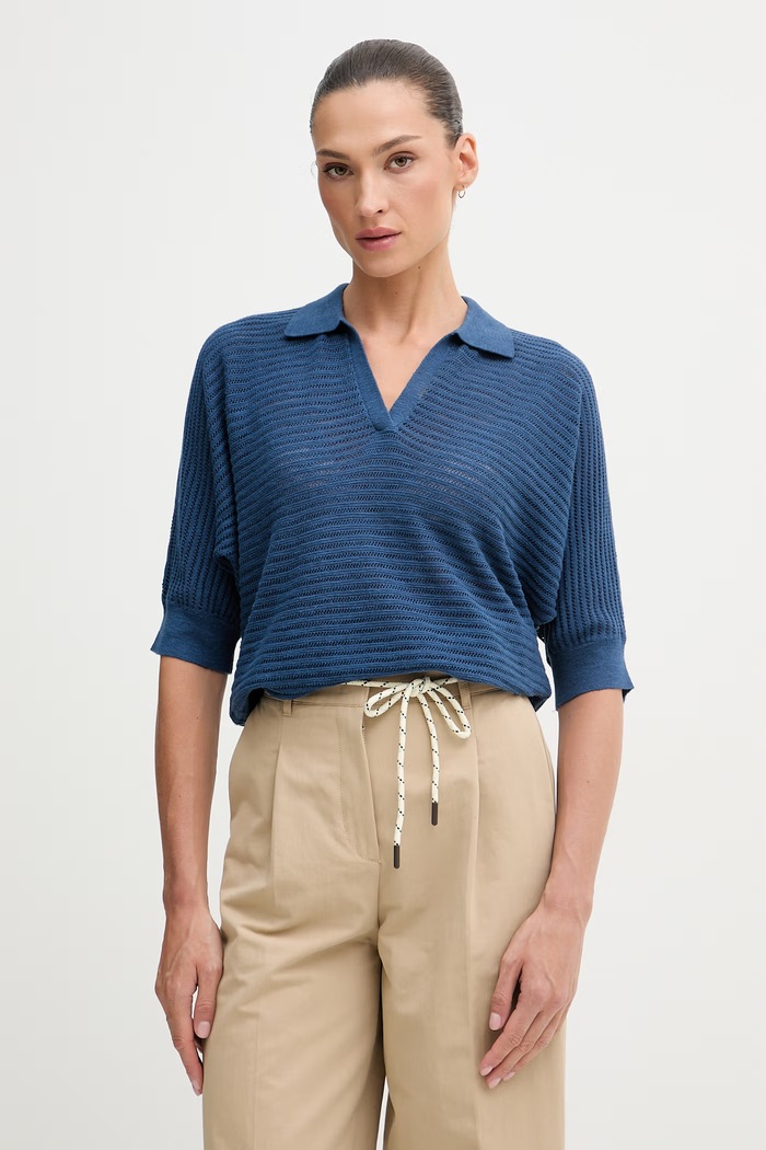 United Colors of Benetton polo damskie z lnem granatowy 1DC3D301N