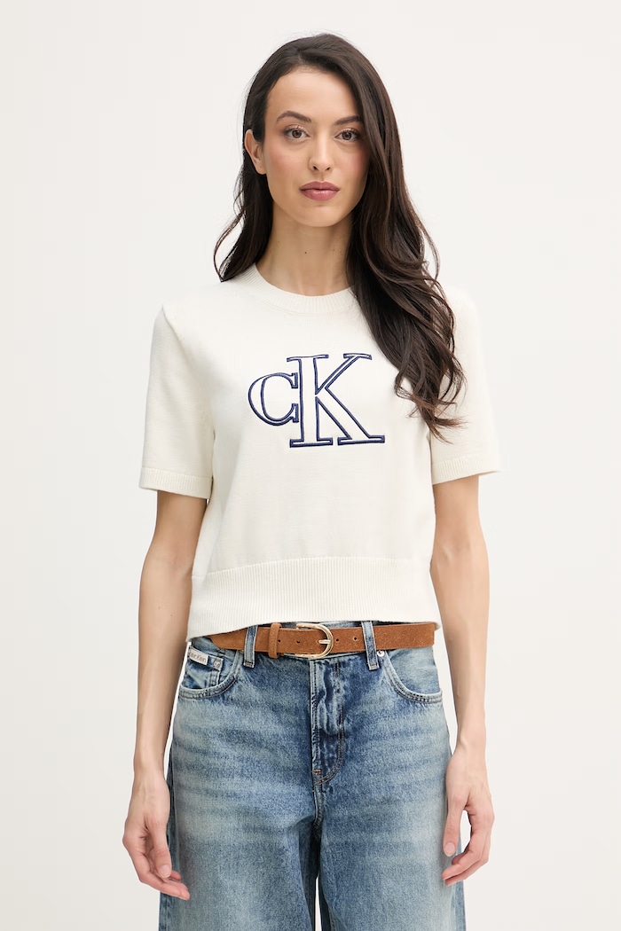 Calvin Klein Jeans úpletové tričko dámske bavlnené béžová LV047F356G