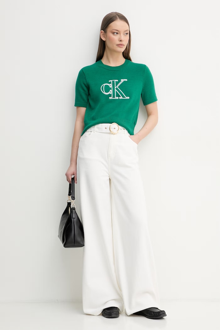 Calvin Klein Jeans úpletové tričko dámske bavlnené LV047F356G zelená SS26