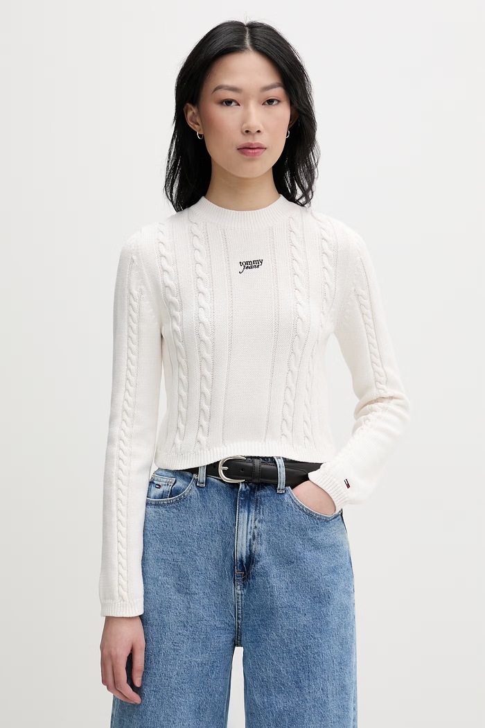 Tommy Jeans πουλόβερ γυναικείο βαμβακερό μπεζ DW0DW22301
