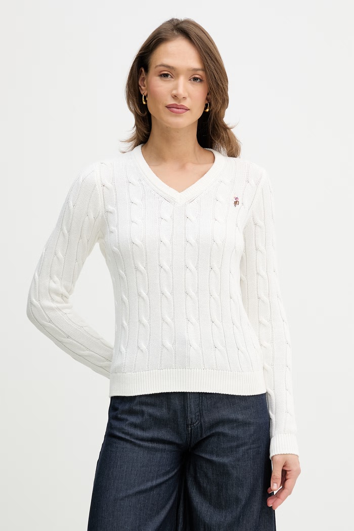 U.S. Polo Assn. pulover pentru femei din bumbac V-NECK CABLE bej WUP0397