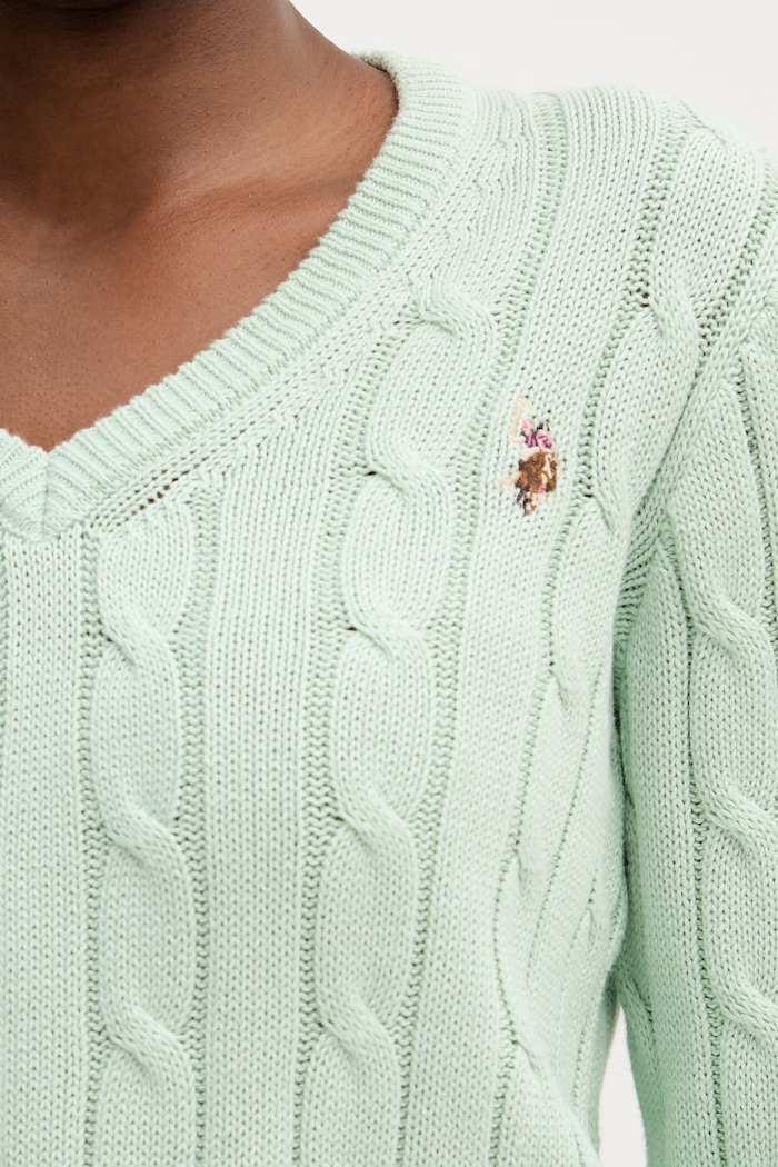 U.S. Polo Assn. пуловер дамски от памук V-NECK CABLE WUP0397 зелен