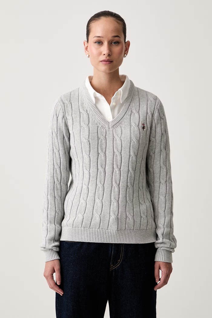 U.S. Polo Assn. sweter damski bawełniany V-NECK CABLE szary WUP0397