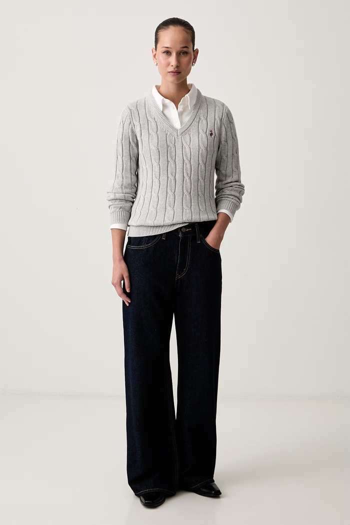 U.S. Polo Assn. sweter damski bawełniany V-NECK CABLE WUP0397 szary SS26