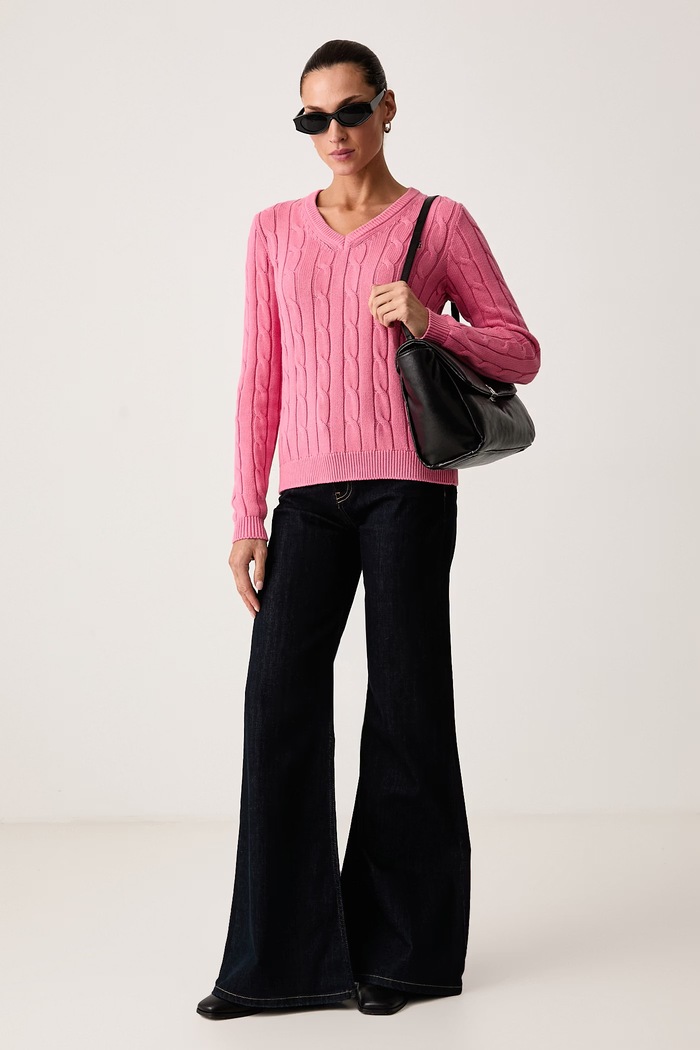 U.S. Polo Assn. Sweter damski bawełniany V-NECK CABLE WUP0397 różowy SS26