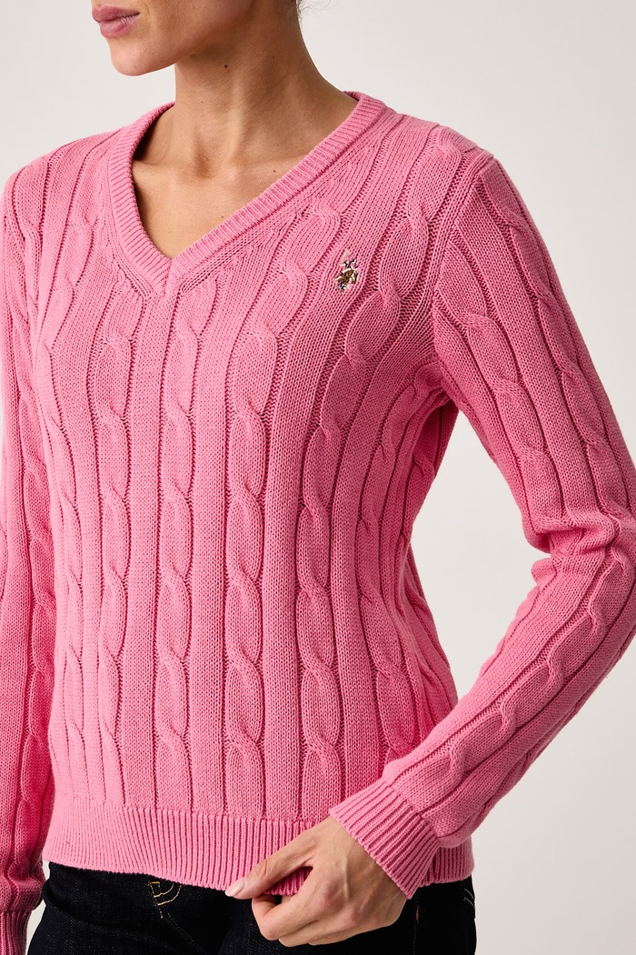 Sweter damski bawełniany V-NECK CABLE U.S. Polo Assn. WUP0397 różowy