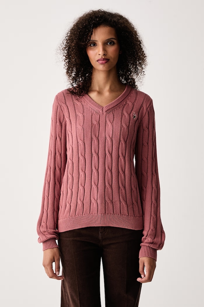 U.S. Polo Assn. Sweter damski bawełniany V-NECK CABLE różowy WUP0397