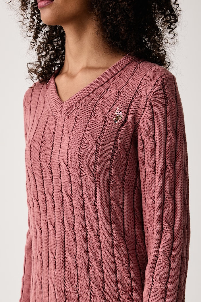 Sweter damski bawełniany V-NECK CABLE U.S. Polo Assn. WUP0397 różowy