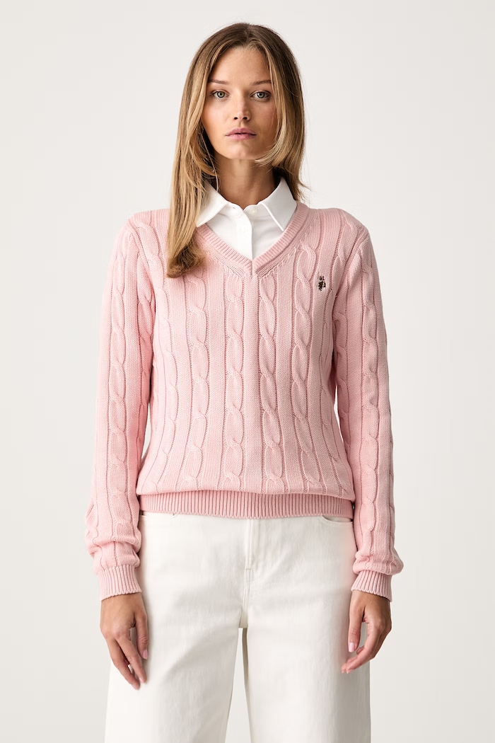 U.S. Polo Assn. svetr dámský bavlněný V-NECK CABLE růžová WUP0397