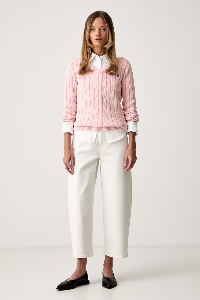 U.S. Polo Assn. sweter damski bawełniany V-NECK CABLE WUP0397 różowy SS26