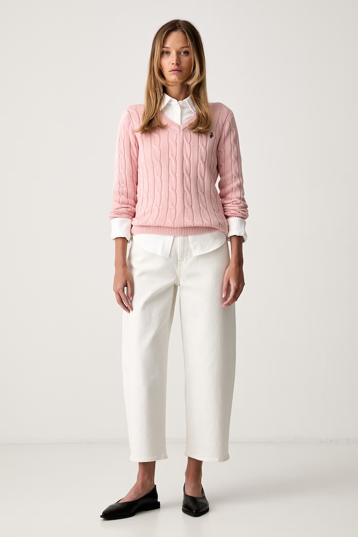 U.S. Polo Assn. svetr dámský bavlněný V-NECK CABLE WUP0397 růžová SS26
