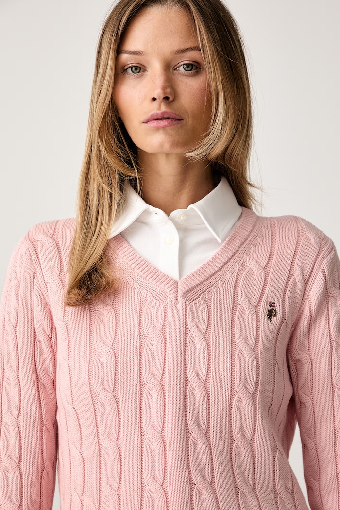 U.S. Polo Assn. svetr dámský bavlněný V-NECK CABLE růžová WUP0397