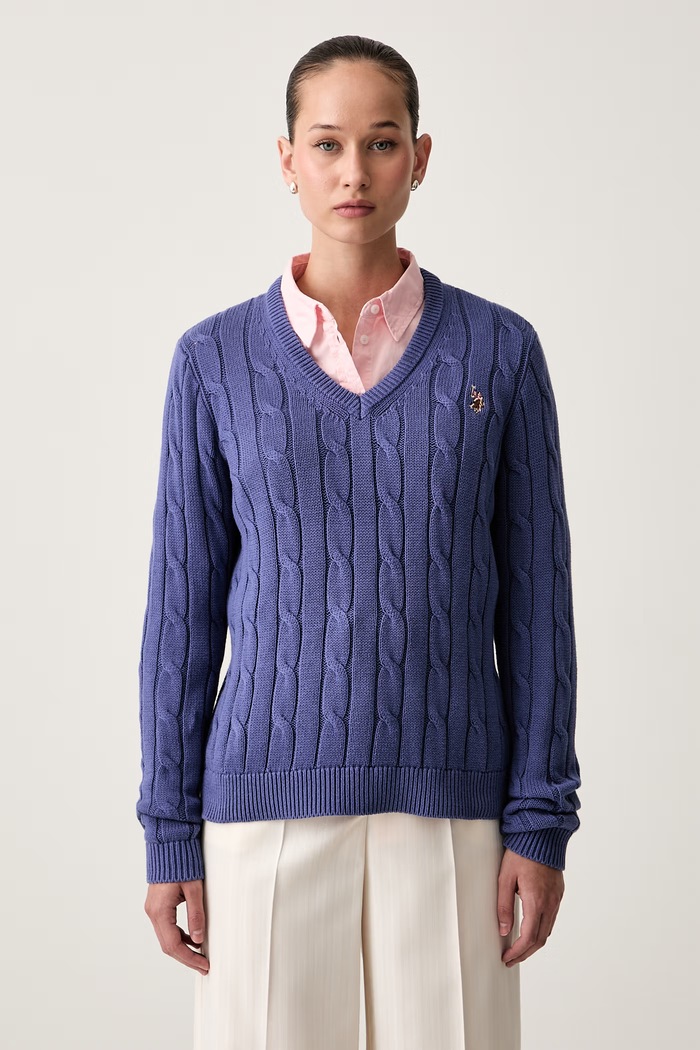 U.S. Polo Assn. sweter damski bawełniany V-NECK CABLE niebieski WUP0397