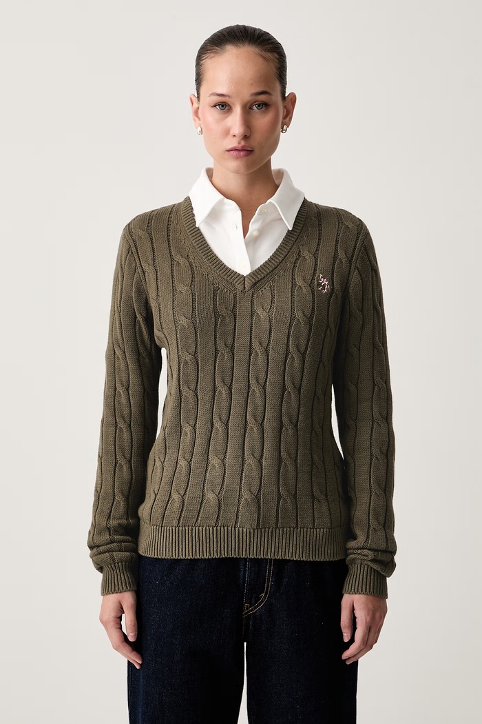 U.S. Polo Assn. sweter damski bawełniany V-NECK CABLE zielony WUP0397