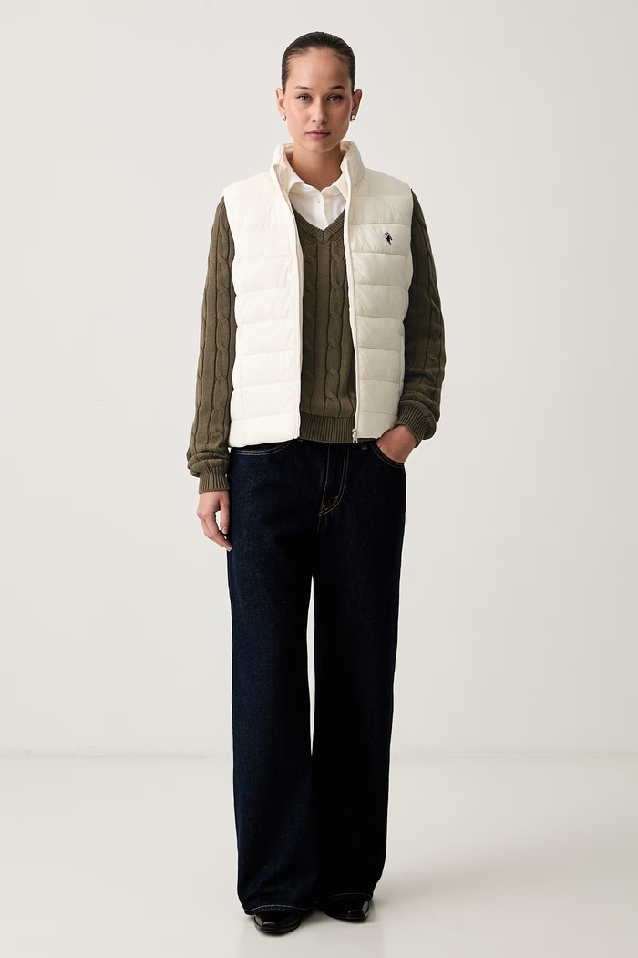 U.S. Polo Assn. sweter damski bawełniany V-NECK CABLE WUP0397 zielony SS26