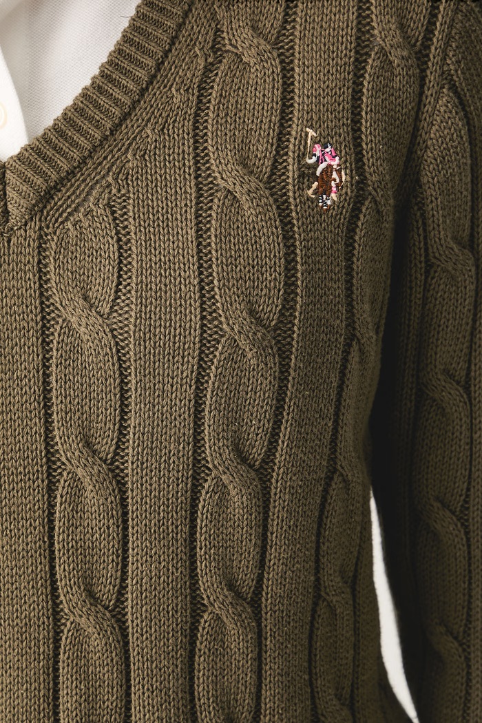 U.S. Polo Assn. sweter damski bawełniany V-NECK CABLE WUP0397 zielony