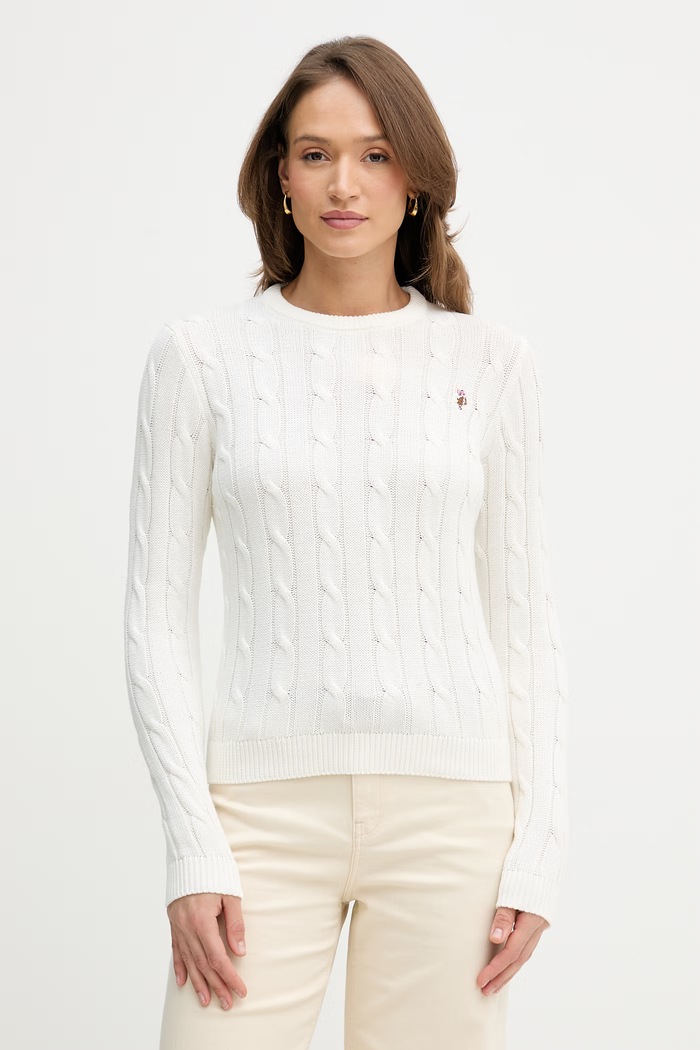 U.S. Polo Assn. sveter dámsky bavlnený CREW NECK CABLE bavlna béžová WUP0398