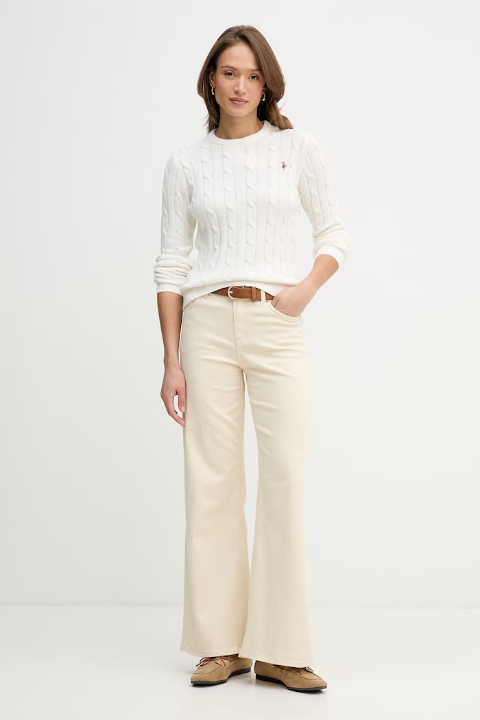 U.S. Polo Assn. sveter dámsky bavlnený CREW NECK CABLE WUP0398 béžová SS26
