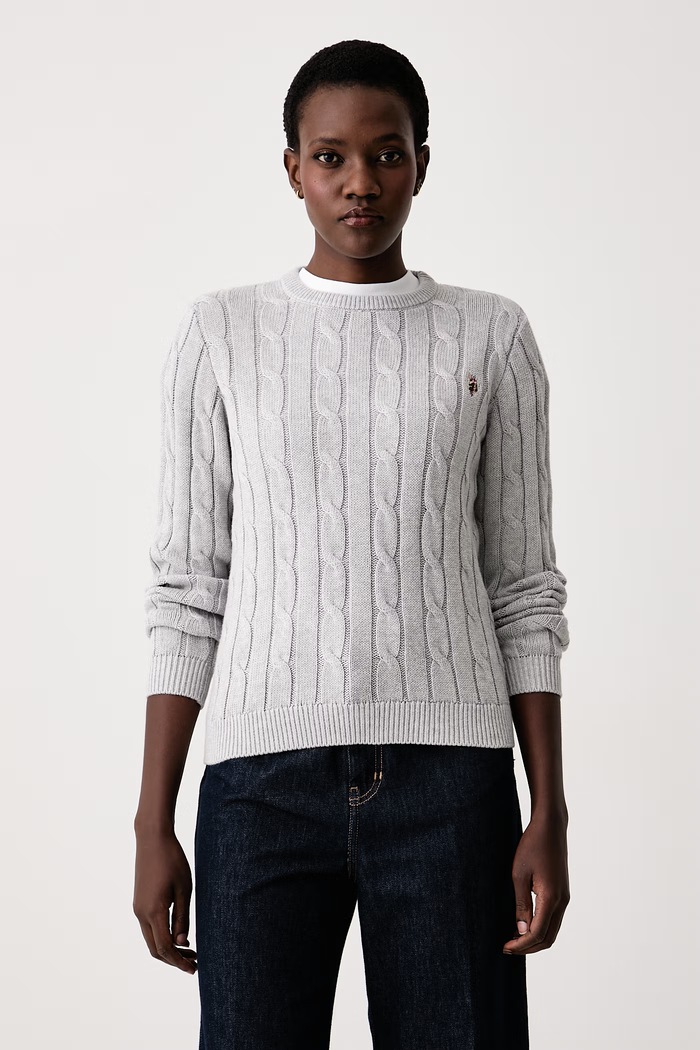 U.S. Polo Assn. Sweter damski bawełniany CREW NECK CABLE szary WUP0398