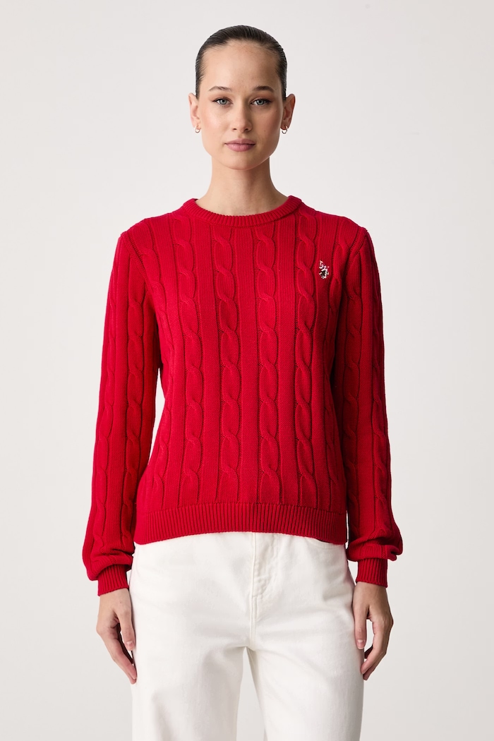 U.S. Polo Assn. Sweter damski bawełniany CREW NECK CABLE czerwony WUP0398