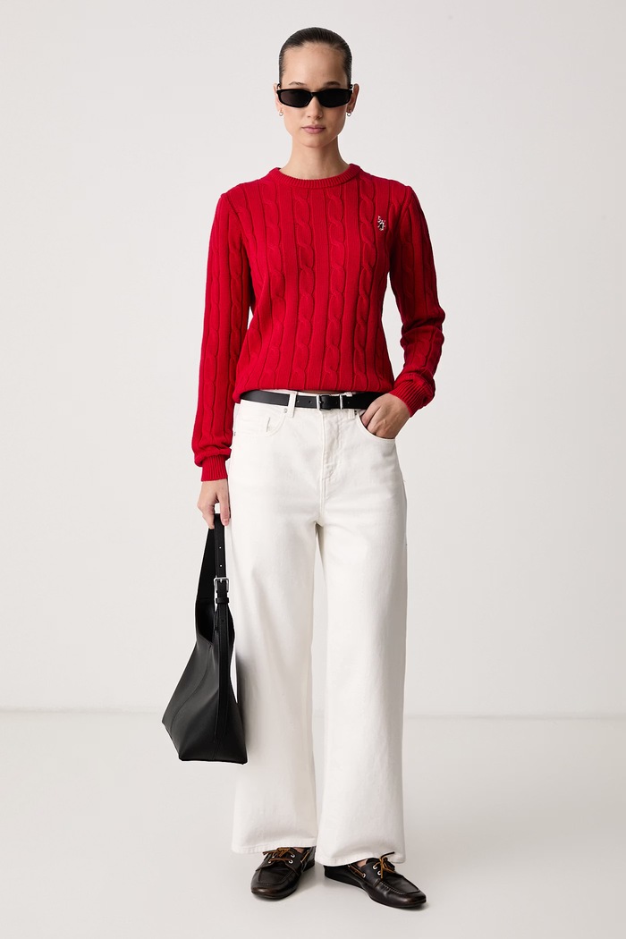 U.S. Polo Assn. Sweter damski bawełniany CREW NECK CABLE WUP0398 czerwony SS26