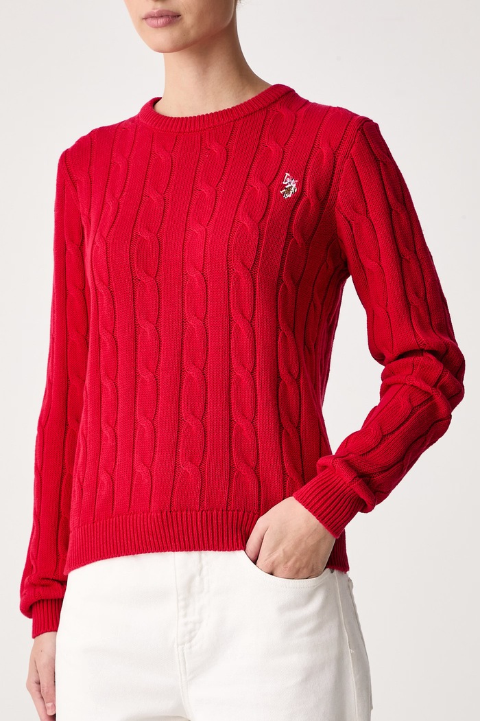Sweter damski bawełniany CREW NECK CABLE U.S. Polo Assn. WUP0398 czerwony