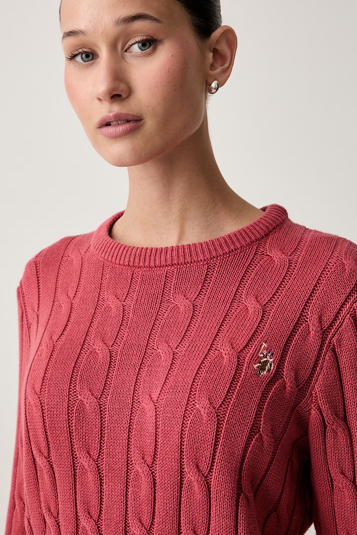 U.S. Polo Assn. sweter damski bawełniany CREW NECK CABLE czerwony WUP0398