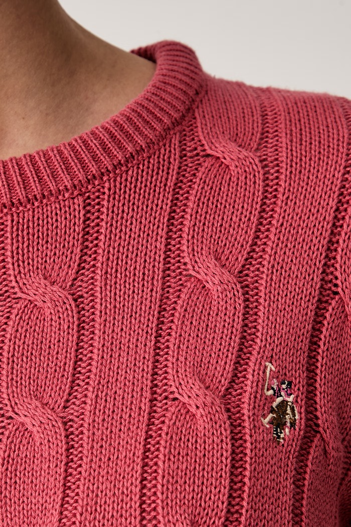U.S. Polo Assn. sweter damski bawełniany CREW NECK CABLE WUP0398 czerwony