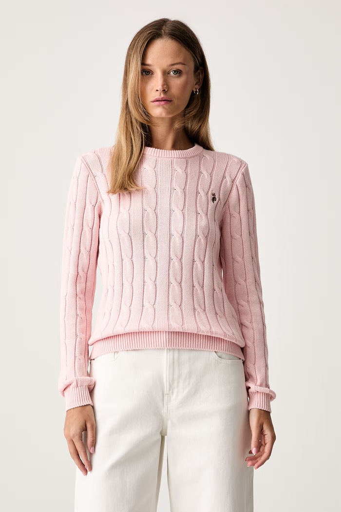 U.S. Polo Assn. sweter damski bawełniany CREW NECK CABLE różowy WUP0398