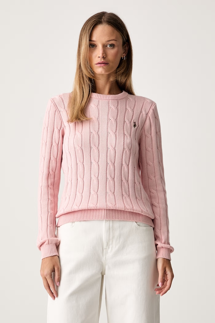 U.S. Polo Assn. svetr dámský bavlněný CREW NECK CABLE růžová WUP0398