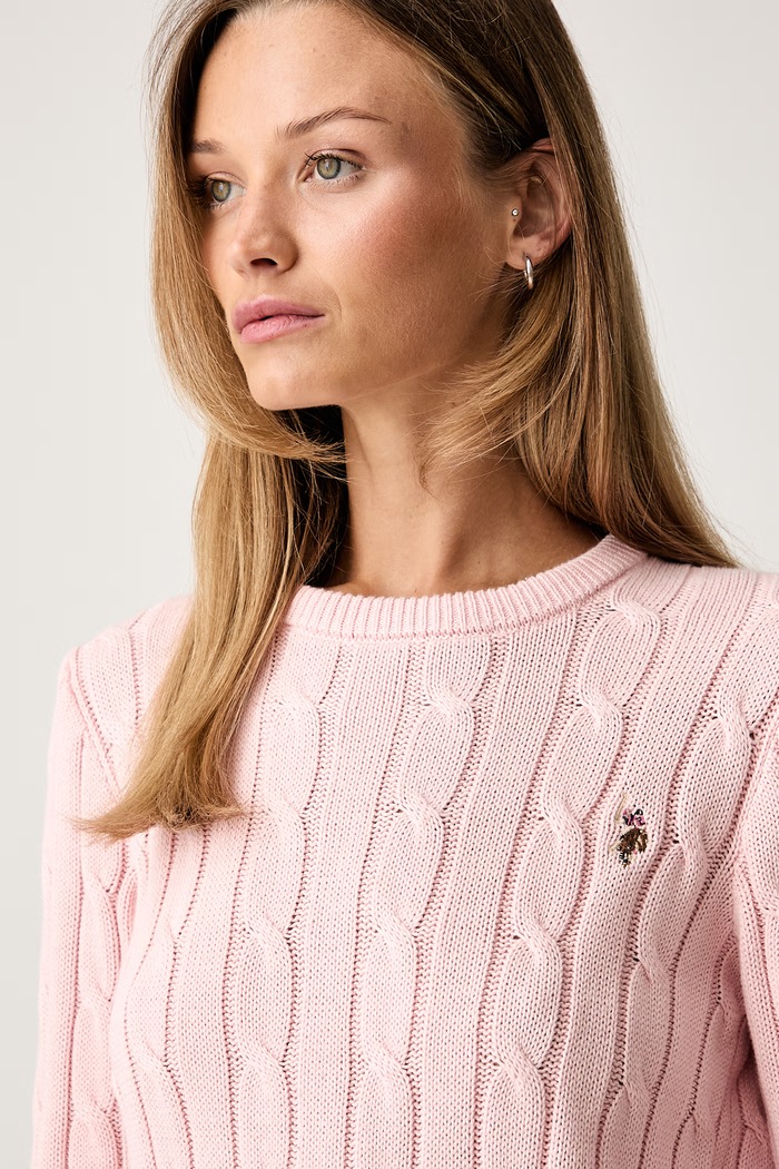 U.S. Polo Assn. sweter damski bawełniany CREW NECK CABLE różowy WUP0398