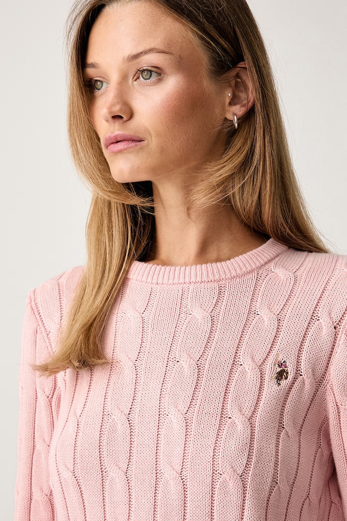 U.S. Polo Assn. svetr dámský bavlněný CREW NECK CABLE růžová WUP0398