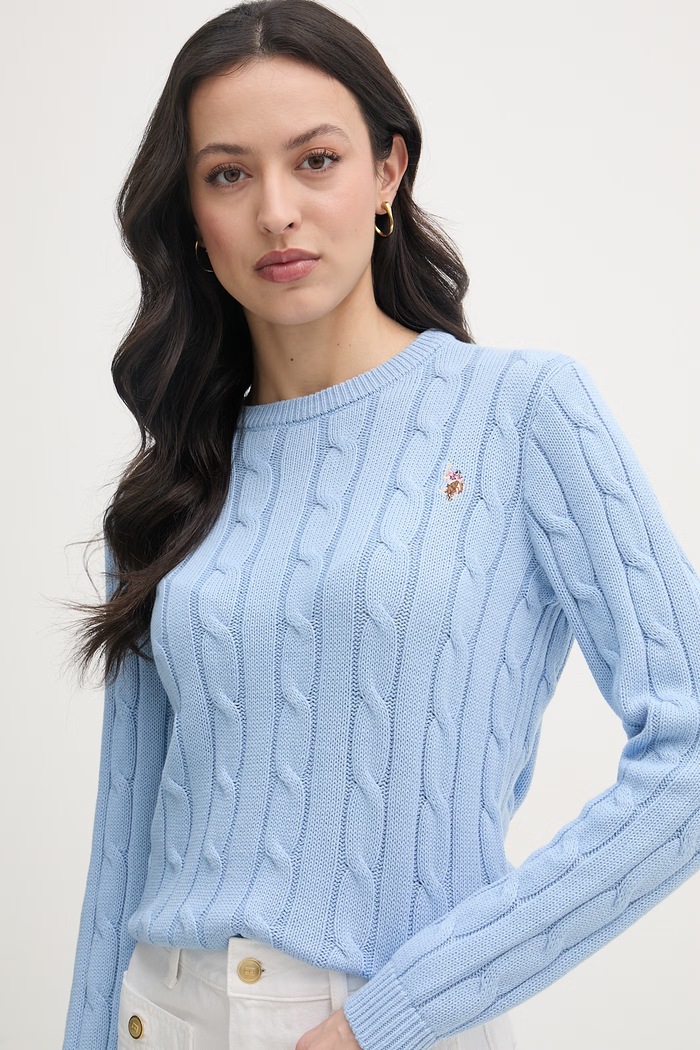 U.S. Polo Assn. Sveter dámsky bavlnený CREW NECK CABLE modrá WUP0398