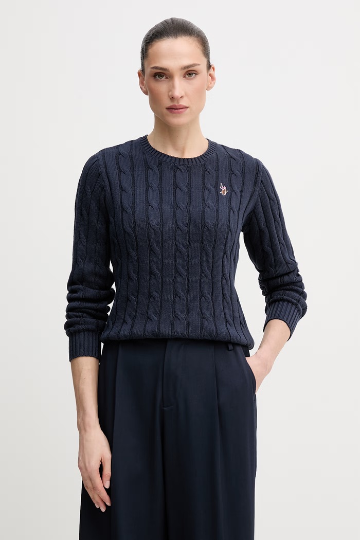 U.S. Polo Assn. sveter dámsky bavlnený CREW NECK CABLE bavlna tmavomodrá WUP0398