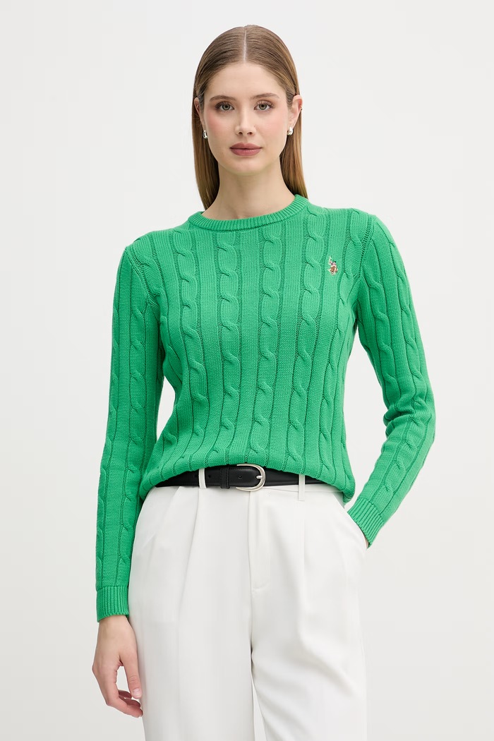 U.S. Polo Assn. sveter dámsky bavlnený CREW NECK CABLE zelená WUP0398