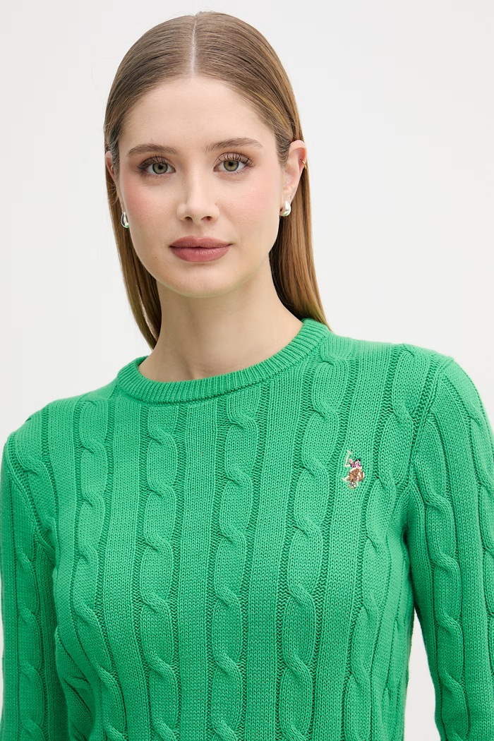 U.S. Polo Assn. sveter dámsky bavlnený CREW NECK CABLE zelená WUP0398