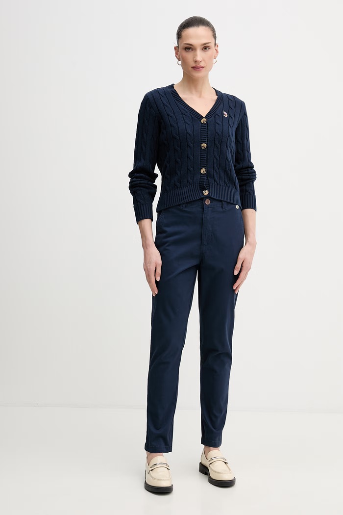 U.S. Polo Assn. cardigan femei din bumbac CABLE KNIT WUP0400 bleumarin SS26