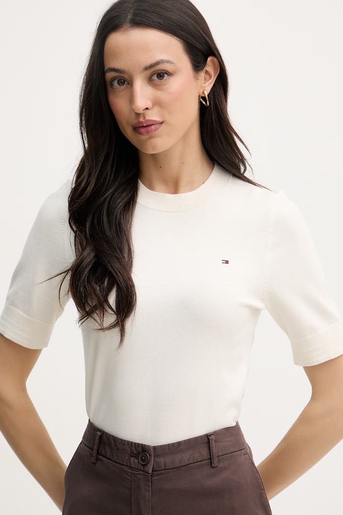 Tommy Hilfiger πλεκτό t-shirt γυναικείο με βαμβάκι μπεζ WW0WW49705