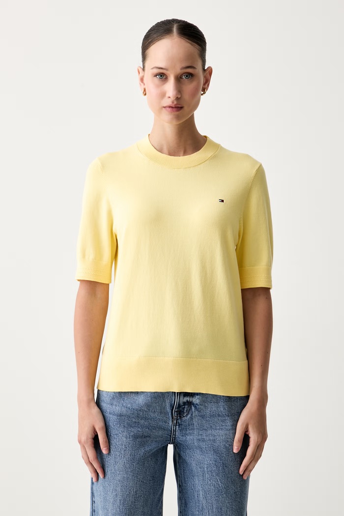 Tommy Hilfiger T-shirt swetrowy damski z bawełną żółty WW0WW49705